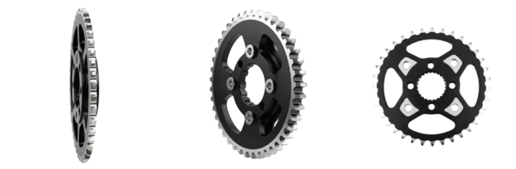 A complete set of a motorcycle rear chain sprocket shown from various angles, featuring a black center and steel teeth isolated on a white background.