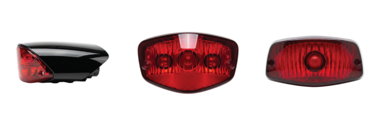 A versatile set of views of a modern red LED bicycle tail light, an essential safety device for cycling visibility at night.