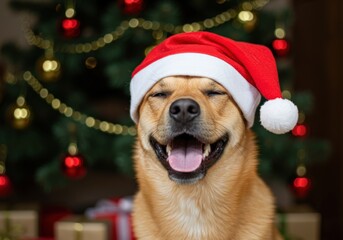 A cheerful dog in a Santa hat smiles with joy during the holiday season.
