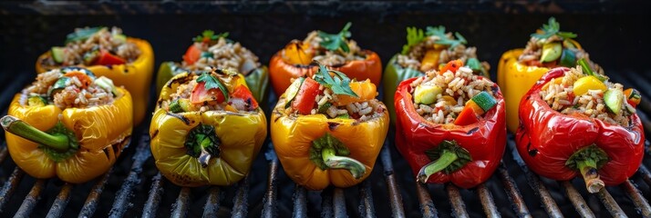 A mouthwatering array of stuffed peppers featuring a colorful mix of chopped peppers zucchini and brown rice all artistically displayed on a charcoal grill.