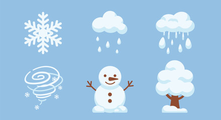 A collection of winter weather icons including a snowflake, rain cloud, snow cloud, tornado, snowman, and snow-covered tree on a light blue background.