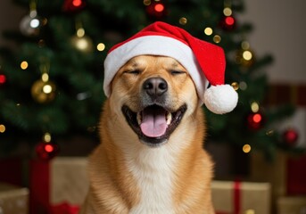 A cheerful dog wearing a Santa hat smiles brightly for the Christmas season.
