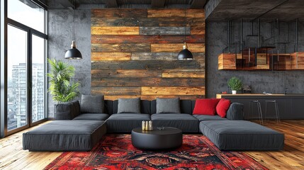 Stylish living room with modular couch and decorative wooden wall