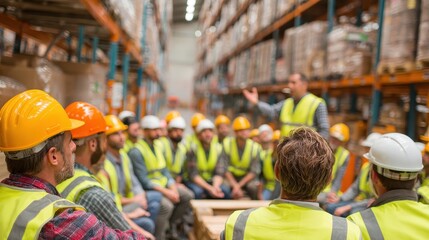 Workers in hard hats attend a safety meeting in a warehouse. Illustrate workplace safety, training, and employee communication.