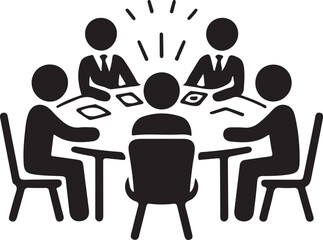 Five people in suits sitting around a round table discussing ideas meeting discussion