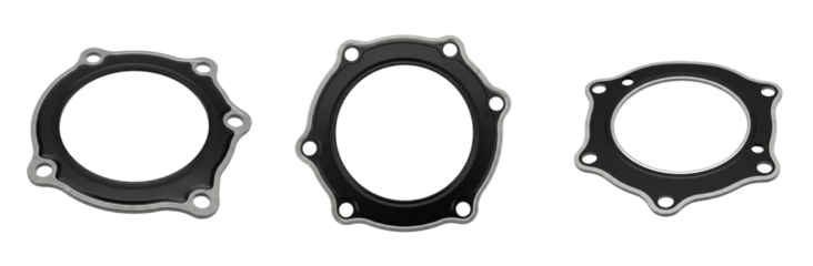 A set of three various mechanical gaskets for industrial use. Metal and rubber flange seals for machinery isolated on white.