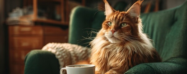 Cozy Maine Coon Cat Enjoying a Warm Drink