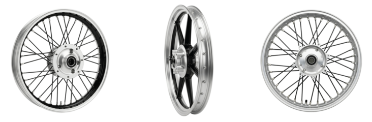 Collection of classic spoked and modern motorcycle wheels shown from multiple angles isolated on a white background.