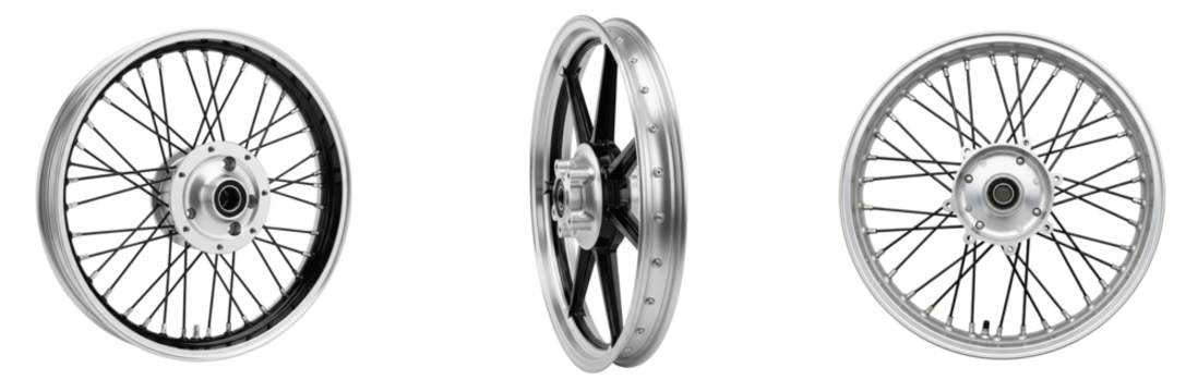 Collection of classic spoked and modern motorcycle wheels shown from multiple angles isolated on a white background.