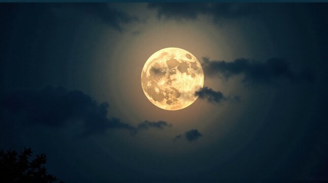 A bright full moon glows in the night sky, partially obscured by dark, wispy clouds.