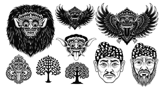 Bali Mythology Vector Set: Barong Mask, Rangda, Kayon Tree, and Balinese Man in Udeng for Tattoo Design.