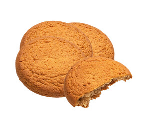oatmeal cookies, one partially eaten, isolated on transparent background.