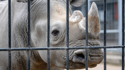 A close-up of a rhinoceros face behind metal bars, its eye looking directly at the viewer, suggesting captivity.