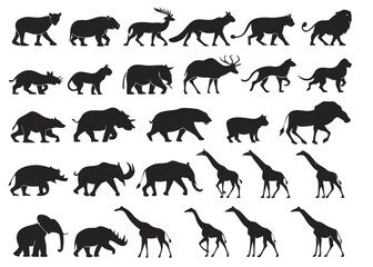 Vector  silhouette collection of diverse animal species including mammals from various continents and regions