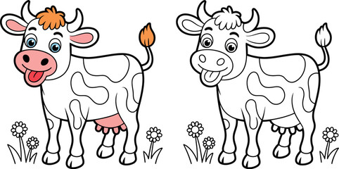 Obraz premium Cartoon illustration of two cows one colored and one black and white on a white background