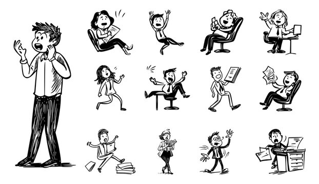 Business doodle people set with humorous hand drawn office characters and funny workplace gestures