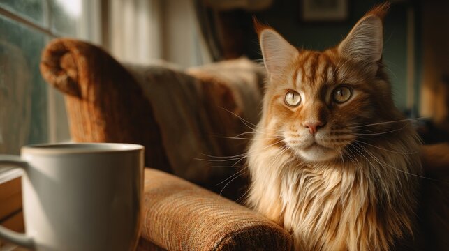 Majestic Maine Coon Cat Relaxing Indoors - Powered by Adobe