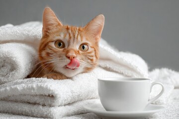 Adorable Ginger Kitten Wrapped in Soft Towels with a Cup of Coffee