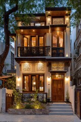 Obraz premium Elegant, two-story house with ornate details at twilight
