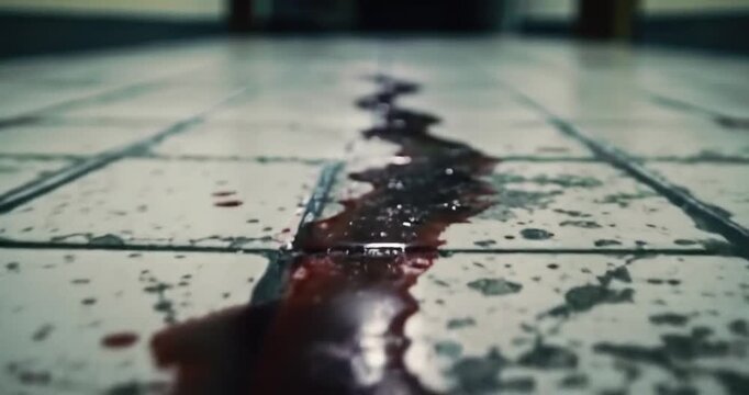 A chilling close-up of a blood trail staining a dirty tiled floor, evoking a sense of horror and mystery at a crime scene.