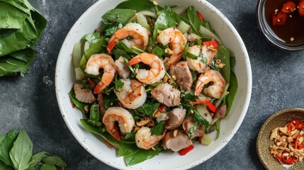 Fresh Shrimp Salad with Greens and Spicy Dressing in a Bowl