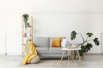 Cozy sofa with shelving unit, coffee table and houseplants near white wall in living room
