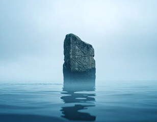 Weathered stone stele with ancient carvings, partially submerged in still, dark blue water under a pale sky. Misty horizon. Evokes history and mystery.