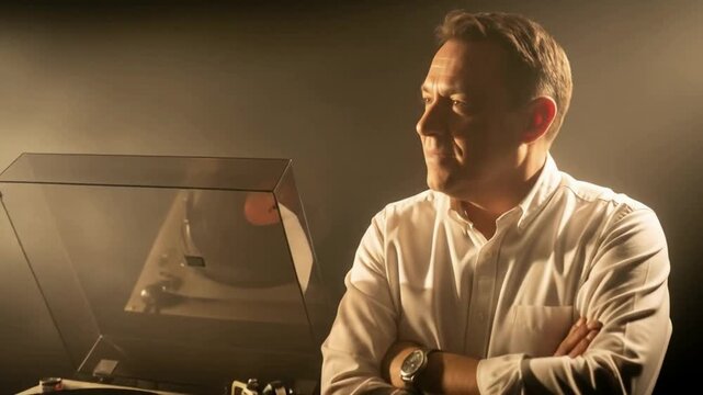 Confident man stands by vintage turntable, reliving music nostalgia with warm lighting