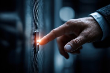A finger presses a light on server rack in a dark, blurred room. It illustrates technology, data, and a secure, controlled environment.