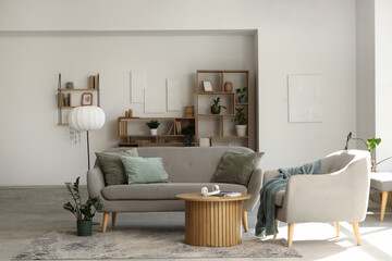 Cozy sofa with armchair, coffee table and shelving units near white wall in living room