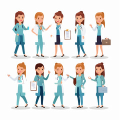 Obraz premium Vector set of female healthcare professional characters in lab coats. Illustration of woman doctor with stethoscope and chart for a character builder pack.