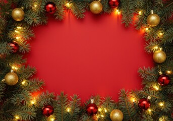 A festive Christmas background with ornaments, lights, and a vibrant red backdrop.
