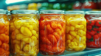 Tomato jars in a row, colored tomatoes floating in clear liquid