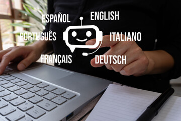 Businesswoman pointing at a chat bot icon with multiple languages around it. Concept of translator through artificial intelligence.