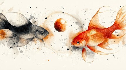 Two fish, orange and black, in a cosmic scene