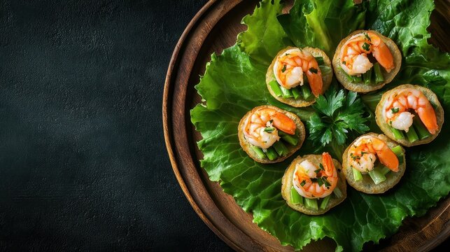 Fresh Shrimp Sushi Rolls on Lettuce Leaves in Wooden Plate