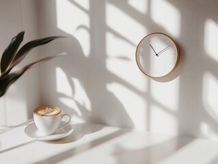 Latte art and minimalist clock creating serene and light-filled ambiance