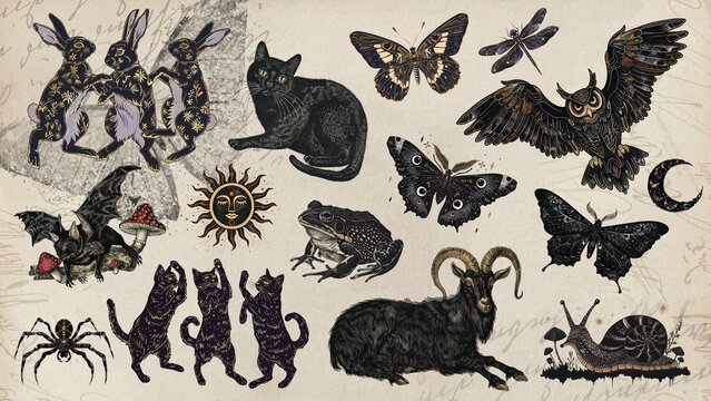Whimsigoth black animal design element set