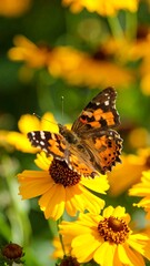 Butterfly on vibrant yellow flowers