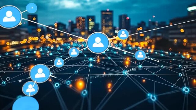 Global Connection Network with Cityscape Backdrop, Data Visualization - Powered by Adobe