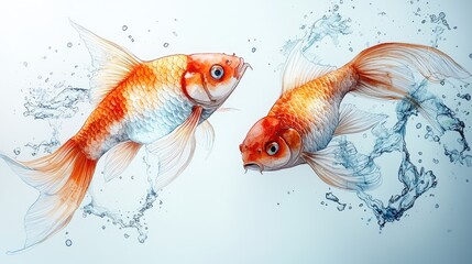 Two orange-and-white koi fish in water splashes