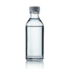 Clear liquid in a small glass bottle isolated on white background