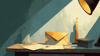 Desk with folded envelope beside half-burnt candle