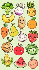 Kawaii fruits and veggies illustration design element set