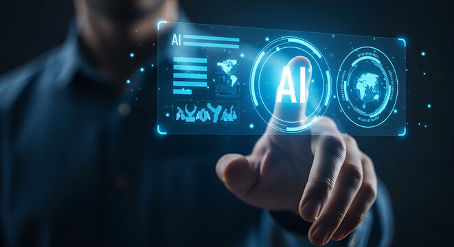 Futuristic Glowing Touchscreen AI Technology Interface with Man Hand Illustration - Powered by Adobe
