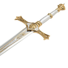 Ornate medieval sword with gold embellishments on a dark background image