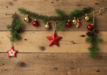 Christmas decorations arranged with ornaments, stars, and garland over wooden planks.