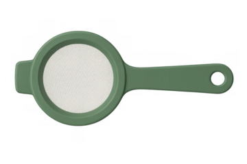 3d rendering of a green kitchen strainer with a fine mesh, isolated on a transparent background, perfect for filtering ingredients