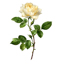 Elegant isolated cream rose blossom with green leaves on a black background art