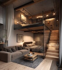 Loft apartment with exposed beams, wooden stairs, and a glass-walled upper level